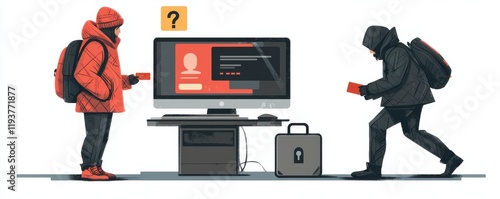 Illustration Showing Cybersecurity Threat with Hacker and Unsuspecting User Interaction photo