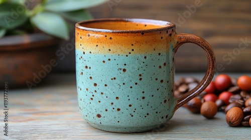 Wallpaper Mural A Handcrafted Ceramic Mug with Unique Glaze Patterns and Earthy Tones Surrounded by Coffee Beans and Natural Decor on Rustic Wooden Table Torontodigital.ca