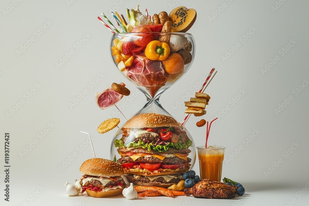 Fototapeta premium Creative hourglass concept showcasing diverse food options symbolizing balance