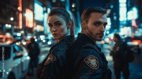 A male and female police officer standing back-to-back, looking vigilant, in a bustling city street filled with people and cars photo