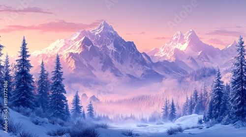 Wallpaper Mural peaceful winter landscape with mountains and pine trees Torontodigital.ca