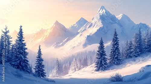 Wallpaper Mural background of snowy forest in the mountains at sunrise Torontodigital.ca