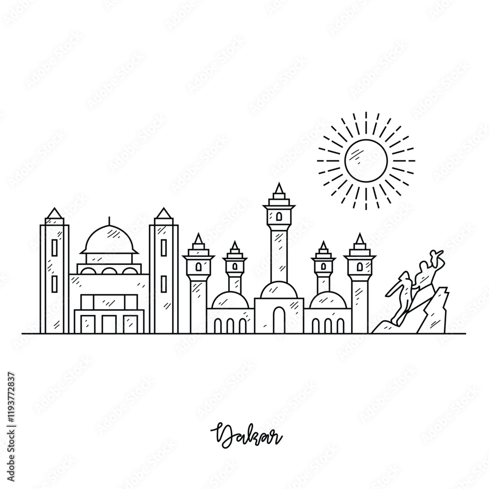 Simple sketch drawing of Dakar skyline vector illustration. Modern city in Africa in simple linear style vector design concept. One of big city in Africa. Iconic architectural building design. Simple sketch drawing of Dakar skyline vector illustration. Modern city in Africa in simple linear style vector design concept. One of big city in Africa. Iconic architectural building design.