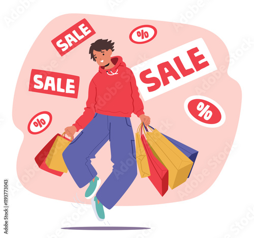 Happy delightful boy cartoon teenager character rejoicing shopping with sale discounts scene