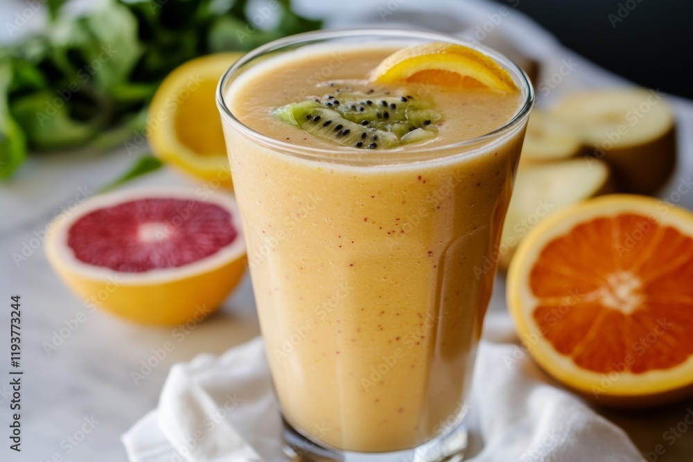 A refreshing fruit smoothie showcases a blend of colorful ingredients, including kiwi and citrus, set against a backdrop of additional fruits, perfect for a healthy treat at any time A refreshing fruit smoothie showcases a blend of colorful ingredients, including kiwi and citrus, set against a backdrop of additional fruits, perfect for a healthy treat at any time