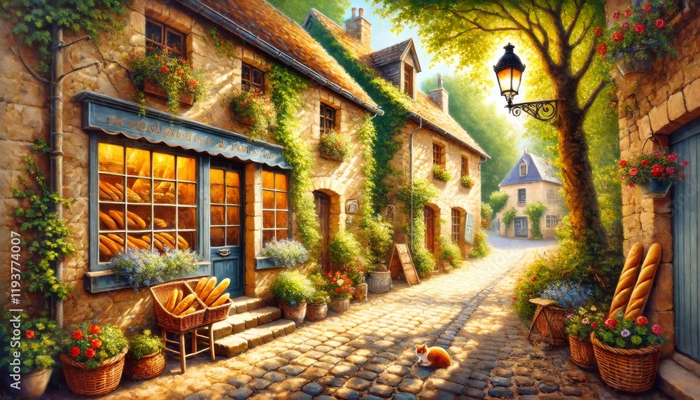 Fototapeta premium French bakery illuminating charming cobblestone street in quaint village