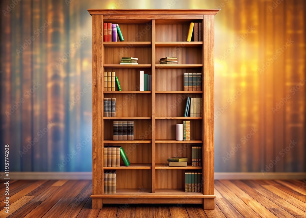 Tall Wooden Bookcase, Six Shelves, Isolated, High-Resolution Aerial Photography Stock Photo Tall Wooden Bookcase, Six Shelves, Isolated, High-Resolution Aerial Photography Stock Photo