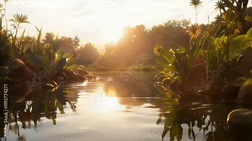 A tranquil portrayal of a serene water reflection during the golden hour.