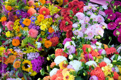 Munich, Germany. Farmers market. Colorful bouquets