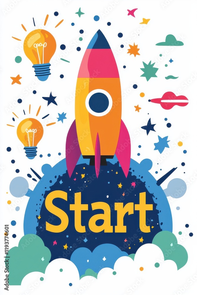Fototapeta premium Illustration of a space rocket launching with bright ideas and creativity