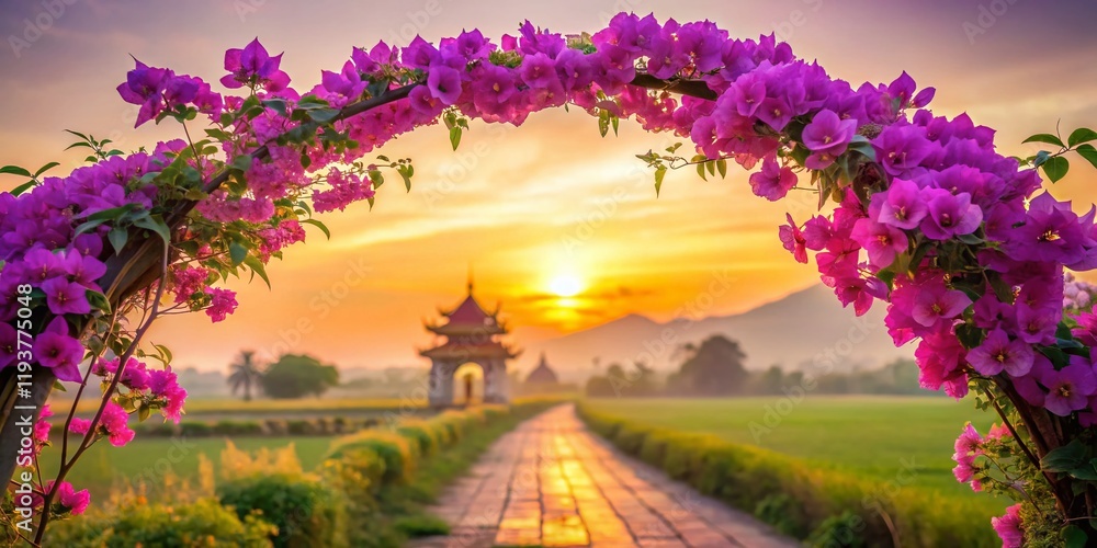 Obraz premium Thailand Purple Flower Arch Double Exposure Stock Photo - Vibrant Floral Landscape