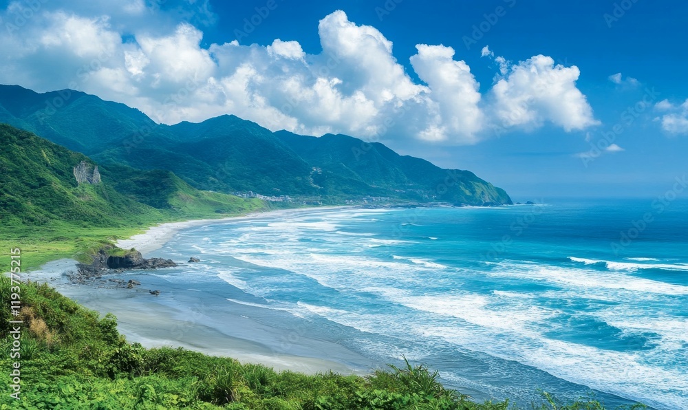 A beach scene with strong waves and rough surf in northeast Taiwan's coastal area, ocean views, coastal scenery, beach erosion A beach scene with strong waves and rough surf in northeast Taiwan's coastal area, ocean views, coastal scenery, beach erosion