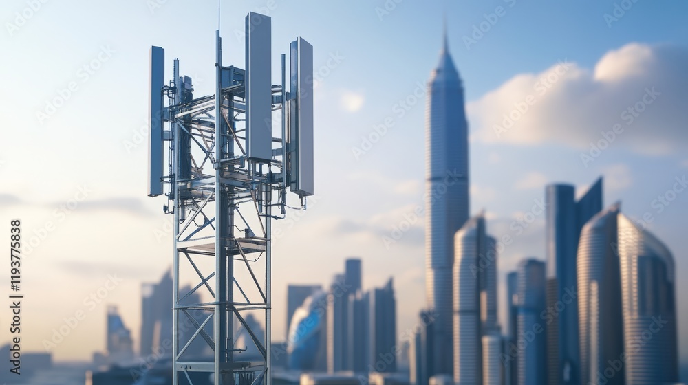 Obraz premium Urban telecommunication tower with skyline in the background