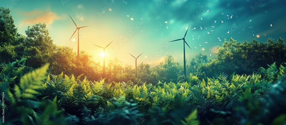 Lush green landscape with wind turbines harnessing renewable energy at sunset Sustainable and eco friendly power in a serene countryside setting Lush green landscape with wind turbines harnessing renewable energy at sunset Sustainable and eco friendly power in a serene countryside setting