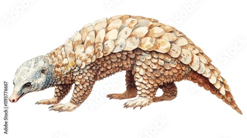 Pangolin watercolor illustration, wildlife art, white background, nature education photo