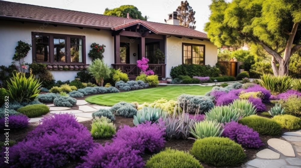 Obraz premium Drought Tolerant California Home Landscape Design with Native Plants for Garden and Backyard