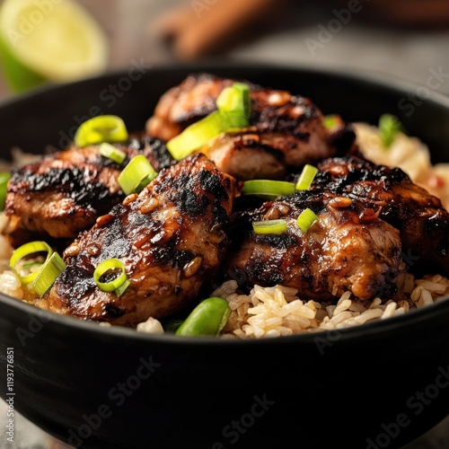 Close-up of a rice bowl with Caribbean jerk chicken and rice. Featuring a spicy and flavorful dish. Highlighting the texture and spices of the jerk chicken. Ideal for food and cultural themes. photo