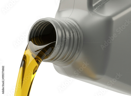Machine oil is pouring out of the canister on a transparent background.