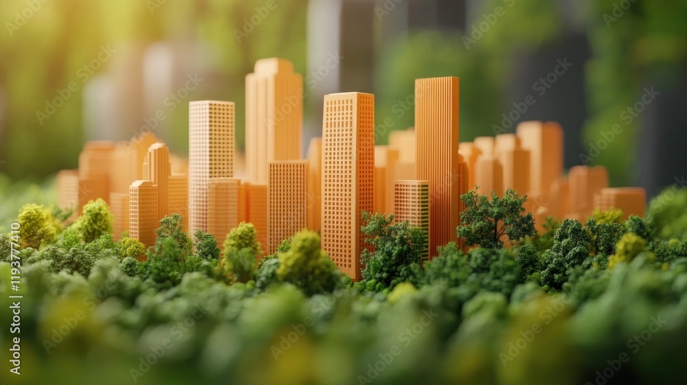 Fototapeta premium Aerial view of a miniature model or digital render of a modern city skyline with towering skyscrapers lush green foliage and conceptual urban development and infrastructure