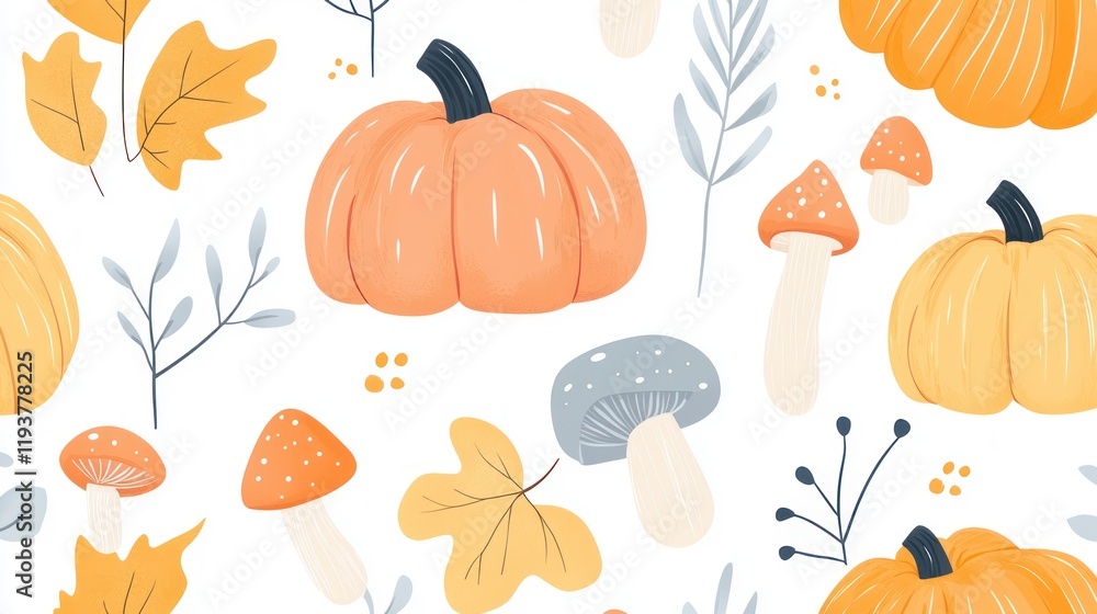 Autumnal seamless pattern with pumpkins, leaves, and mushrooms on a white background Autumnal seamless pattern with pumpkins, leaves, and mushrooms on a white background