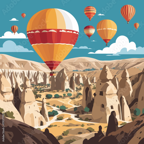 Vector illustration. Türkiye, Cappadocia. Design for poster, banner, postcard. Tourism, travel.