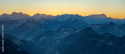 View towards Karwendel and Zugspitze. View from Mount Schonberg near Lenggries in the Bavarian Alps during winter. Germany, Bavaria. photo