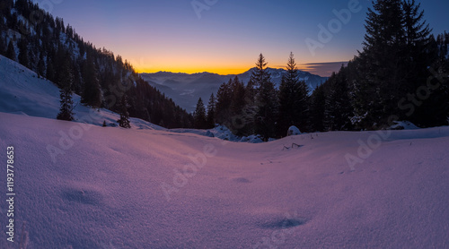 View towards Jachenau and Estergebirge. View from Mount Schonberg near Lenggries in the Bavarian Alps during winter. Germany, Bavaria. photo