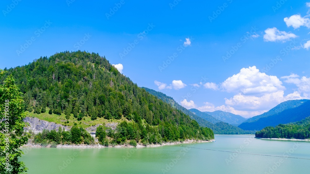 Reservoir Lake Sylvenstein near Bad Tolz in the Karwendel mountains. The river Isar is the main tributary. Germany, Upper Bavaria. Reservoir Lake Sylvenstein near Bad Tolz in the Karwendel mountains. The river Isar is the main tributary. Germany, Upper Bavaria.