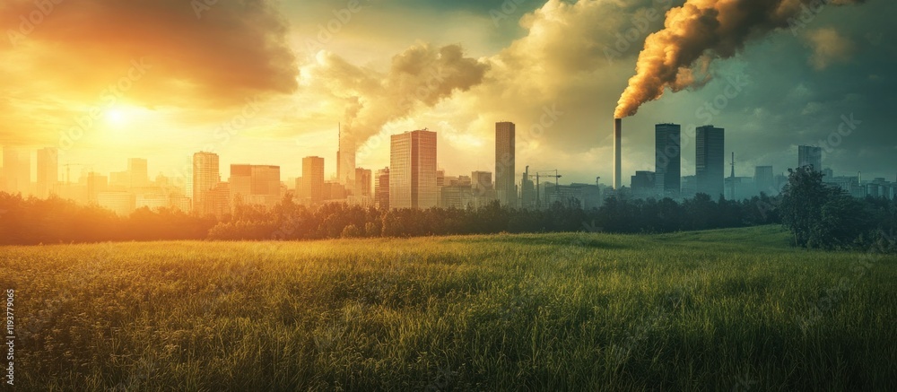 Obraz premium Dramatic cityscape with smoking factories and industrial chimneys billowing clouds of smoke against a fiery sunset sky over a grassy field landscape Concept of environmental pollution climate change