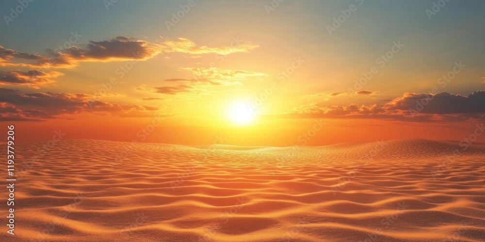 Obraz premium A vivid sunset casting golden hues across soft rippled sand on a deserted beach