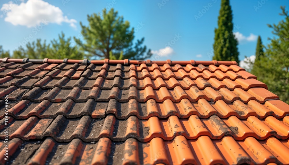 Roof tiles comparison before, after cleaning. One half of roof dirty, covered in dirt, moss. Half clean, shows original orange tile color. Residential roof with visible difference in tile condition.
