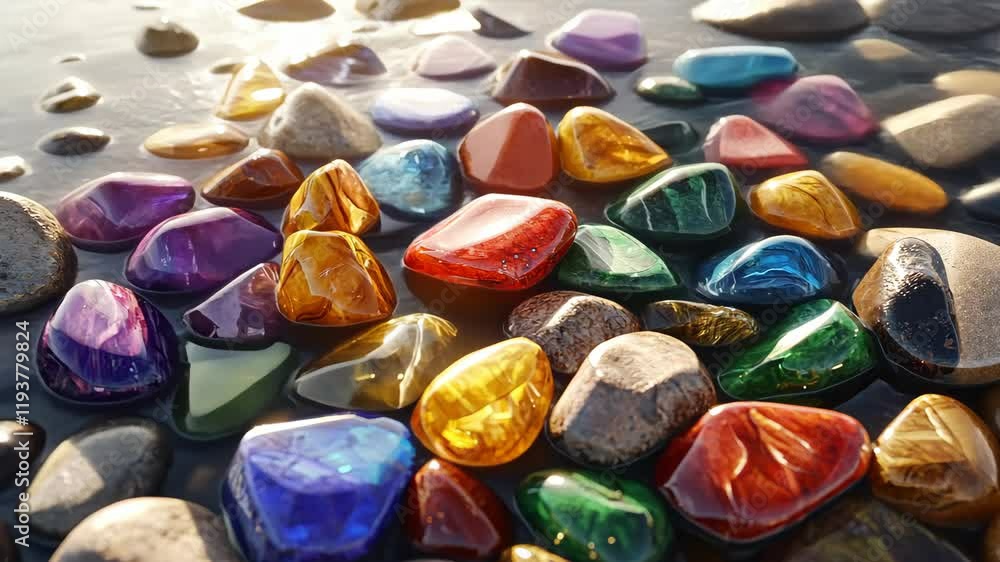 Colorful glass stones scattered on a riverbed at sunset create a stunning natural display Colorful glass stones scattered on a riverbed at sunset create a stunning natural display