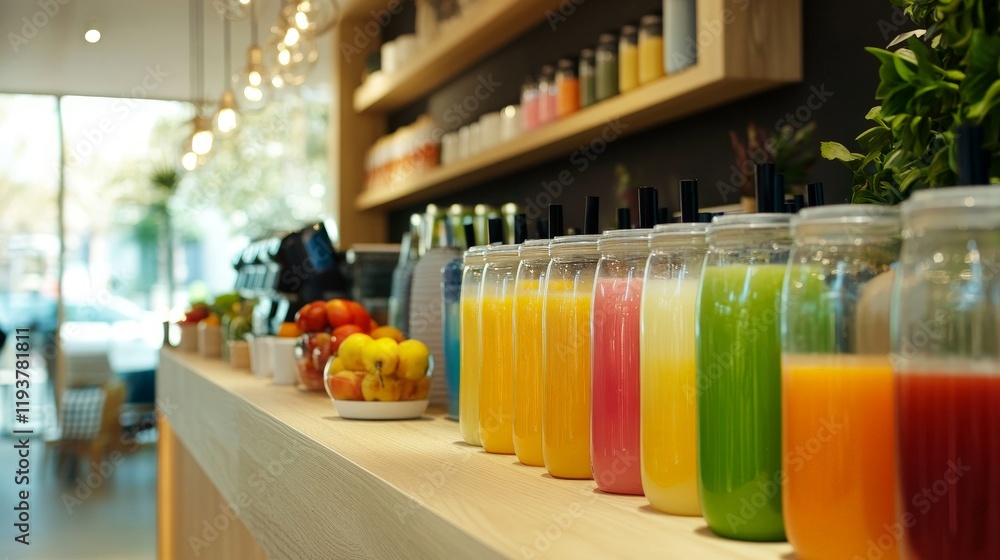 Vibrant juice bar with colorful bottled beverages and fresh fruits Vibrant juice bar with colorful bottled beverages and fresh fruits