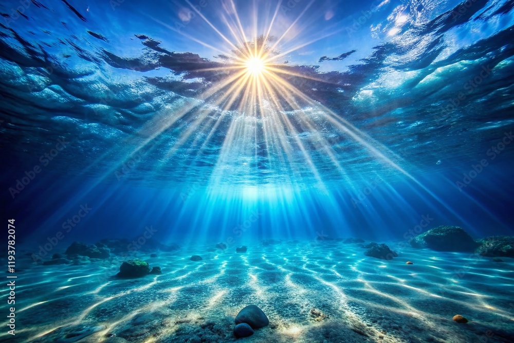 Fototapeta premium Underwater Light Beam, Sunbeam, Ocean, Deep Sea, Blue Water Stock Photo