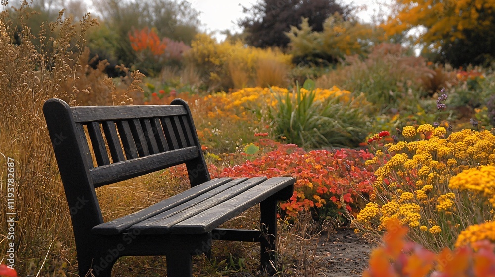 Naklejka premium Serene Autumn Garden Bench Scene Peaceful Fall Flowers Landscape