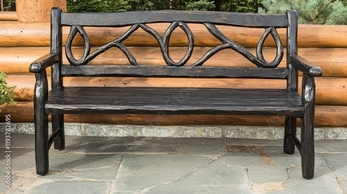 Rustic Dark Wood Carved Bench Outdoor Patio Furniture photo