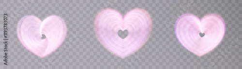 Set of hearts with bright neon rays illumination on black background for Valentine's Day illustrations and romantic design. Vector