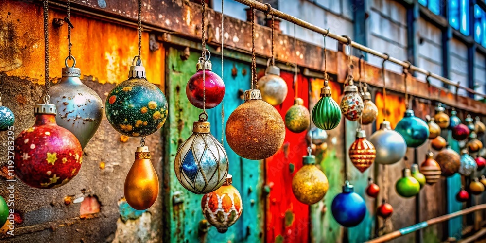 Fototapeta premium Urban Exploration Christmas: Grunge Festive Ornaments Isolated on White Background - PNG