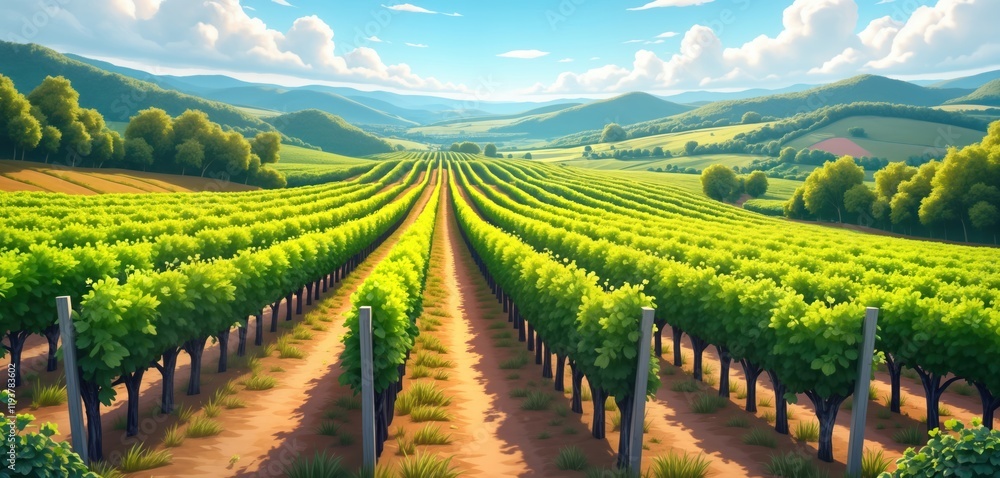 Fototapeta premium Picturesque vineyard landscape. Rows of grapevines extend across rural hillside. Green foliage fills field. Scenic rural scene with clear view of vineyard. Sunlight illuminates landscape. Farmland,