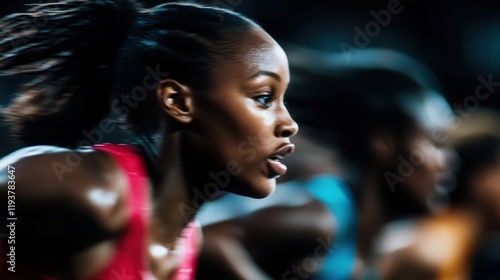 Focused Athlete: A determined female athlete, poised at the starting line, her face reflecting intense concentration and anticipation before a race. photo