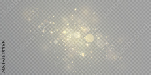Magical golden cloud of glitter dust. Fine, shiny bokeh glitter particles and fine bright dust. Christmas golden glow effect on transparent PNG background.	
