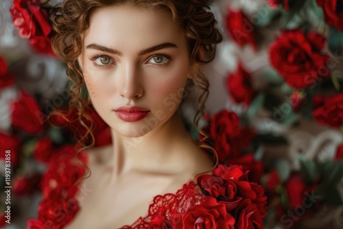 Wallpaper Mural Beautiful young lady wearing red rose dress Torontodigital.ca