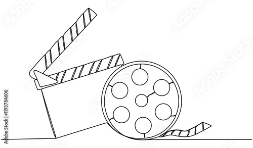 Clapper board and film reel continuous one line drawing. Filmstrip linear element. Movie scene episode production concept. Vector illustration isolated on white.