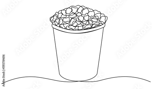 Glass with popcorn continuous one line drawing. Food for movie watching concept. Vector illustration isolated on white.