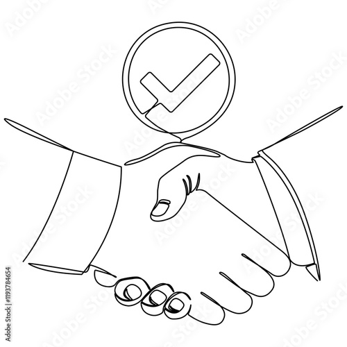 Handshake with check mark in circle shape continuous line drawing. World partnership linear symbol. Business agreement concept. Vector illustration isolated on white.