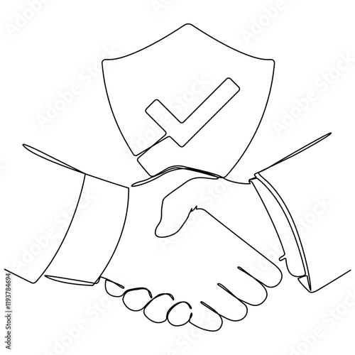 Handshake and shield continuous line drawing. International agreement concept with check mark illustration. Vector isolated on white.