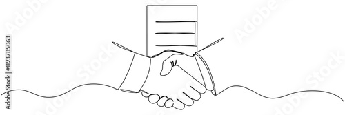 Handshake with contract continuous line drawing. World business agreement concept. Vector illustration isolated on white.