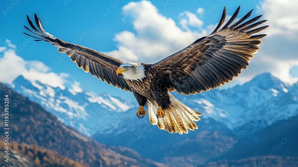 Fototapeta premium Eagle soaring in the sky, close-up of sharp talons and wings in motion, bright blue sky and distant mountains