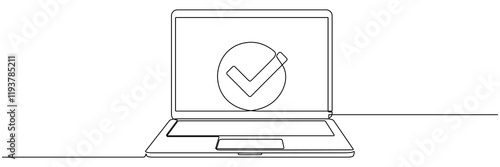 Laptop with check mark continuous line drawing. Vector illustration isolated on white.