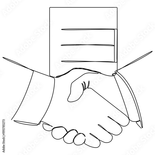 Handshake with contract continuous line drawing. World business agreement concept. Vector illustration isolated on white.